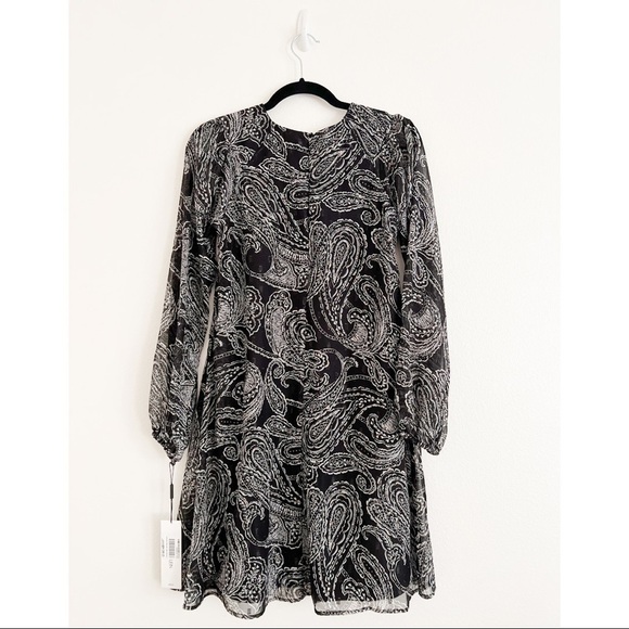 NWT CALVIN KLEIN Paisley Metallic Black Long Sleeve Chiffon Dress Sz 2 - Picture 3 of 7